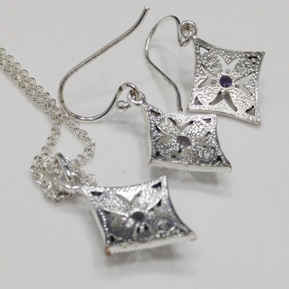 Marcasite Silver Plate Purple Rhinestone Necklace & Earrings, Made in Thailand - Picture 11 of 11